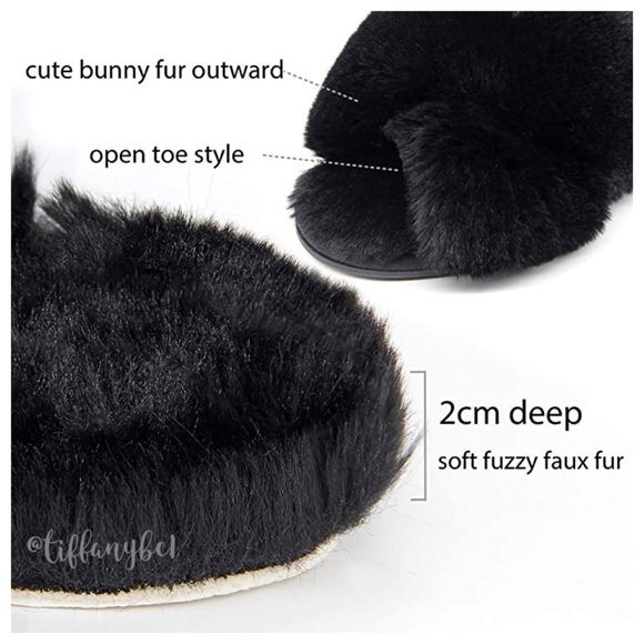 Fluffy Faux Bunny Fur Cross Band Slippers Black - Picture 4 of 8